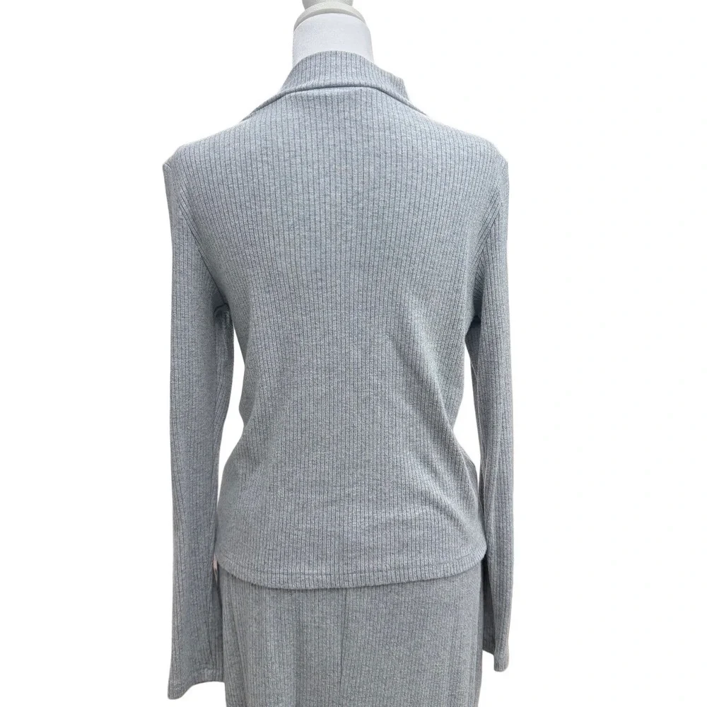 Grey Ribbed Knit 2 Pc Set Mock Neck Top Midi Skirt Medium Minimalist Scandi‎ CBK